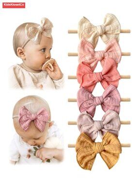6 Pack Baby Girl Muslim Cotton Hair Bows Headbands Elastic Nylon